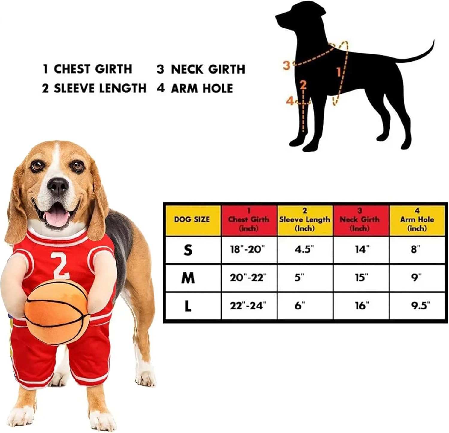 Dog Halloween Costume Size Guide with Measurements for Chest, Neck, Sleeve, and Arm Hole