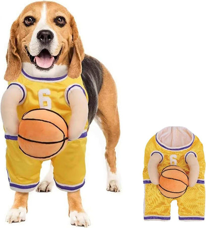Beagle wearing a Dog Halloween Costume styled as a basketball player with a plush basketball