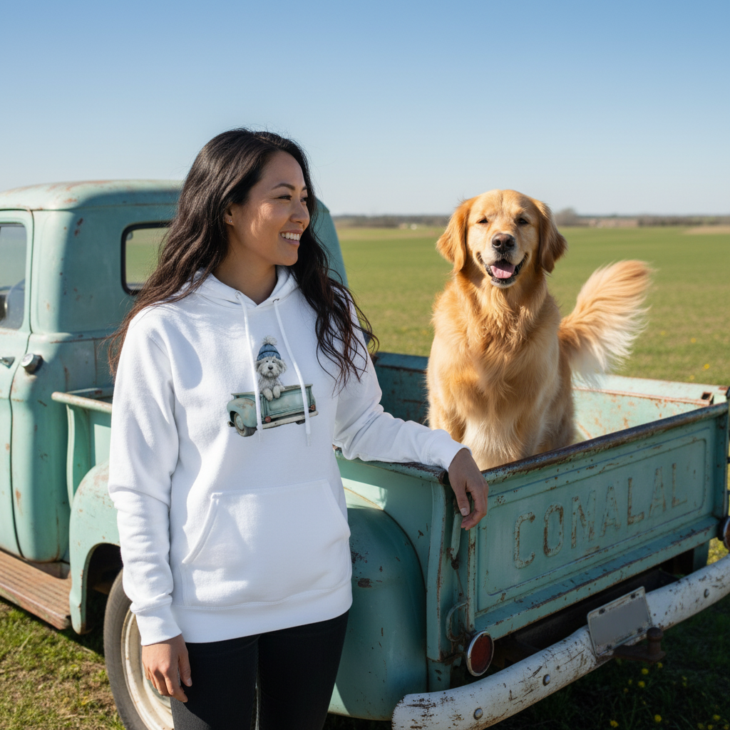 Dog in Truck White Hoodie Lifestyle