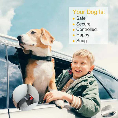 Wefulfil Dual Purpose Adjustable Safety pet seatbelt with happy dog and child in car window