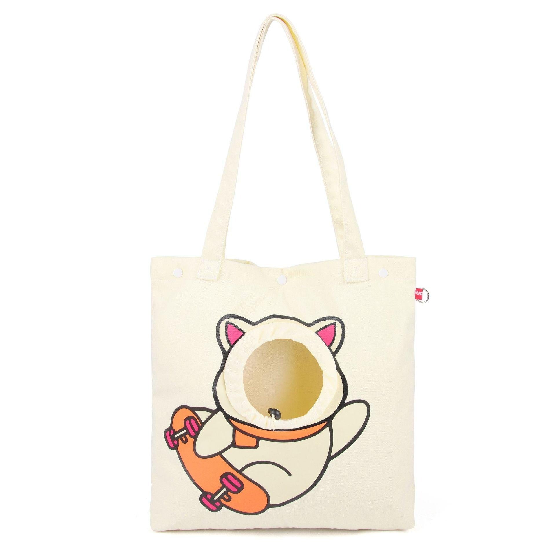 Wefulfil Open Hole Cat Carrier tote bag with cute cat and skateboard design in cream color