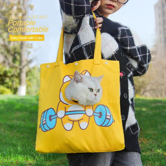 Wefulfil Open Hole Cat Carrier yellow tote bag with cartoon design for easy travel with cats