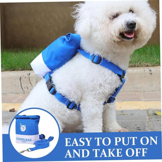 Wefulfil Schoolbag Dog Treat Backpack blue small harness bag on white fluffy dog for walks