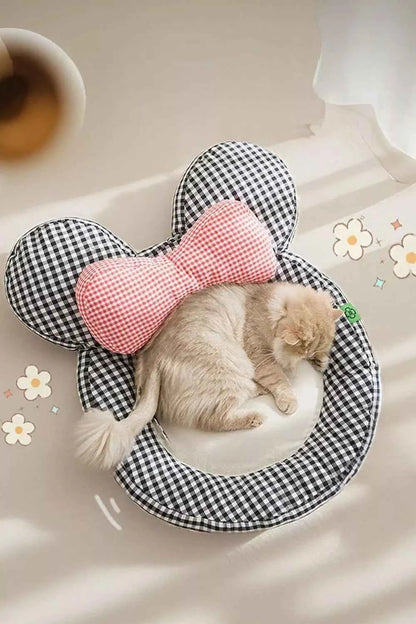 Cartoon Plaid Design Pet Mat with Bow