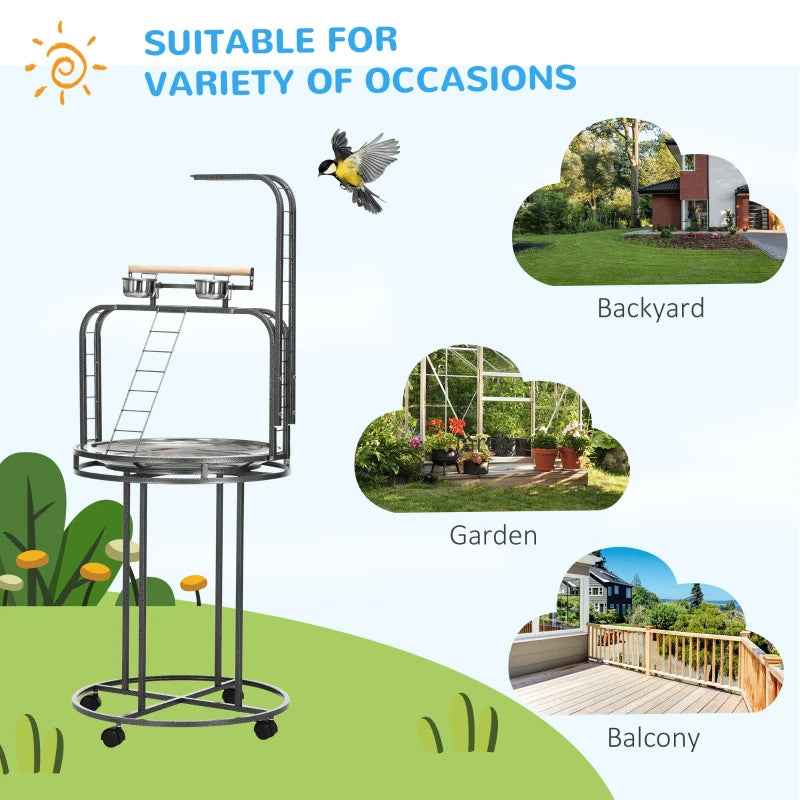 PawHut Parrot Stand Large Bird Perch Stand With Toy Hook  3 Ladders, Parrot Perch, Bird Wooden Stand, Gray