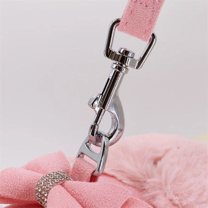 Warm Fur Collar Soft Padded Small Girl Pet Harness and Leash Set with Bow Tie