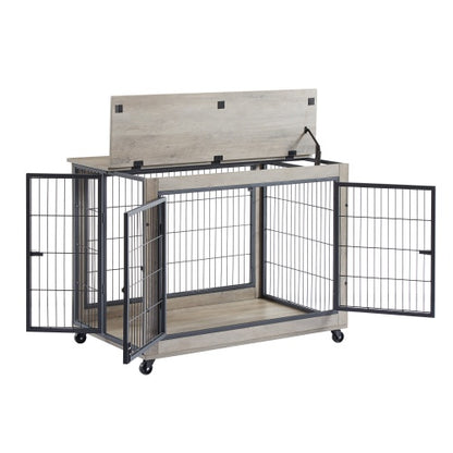 Furniture Style Dog Cage Side Table with Wheels Double Doors and Raised Top