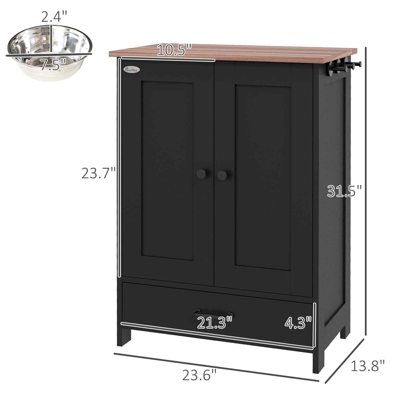 Dog Feeding Station Cabinet - Raised Bowls Storage and Hooks