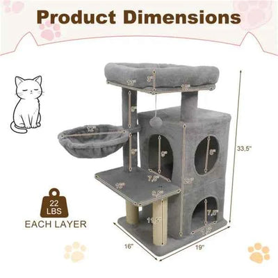 Light Gray 33.5" Multi-Level Cat Tree With 2-Tier Condo, Sisal Scratching Posts & Anti-Toppling Device For Cats