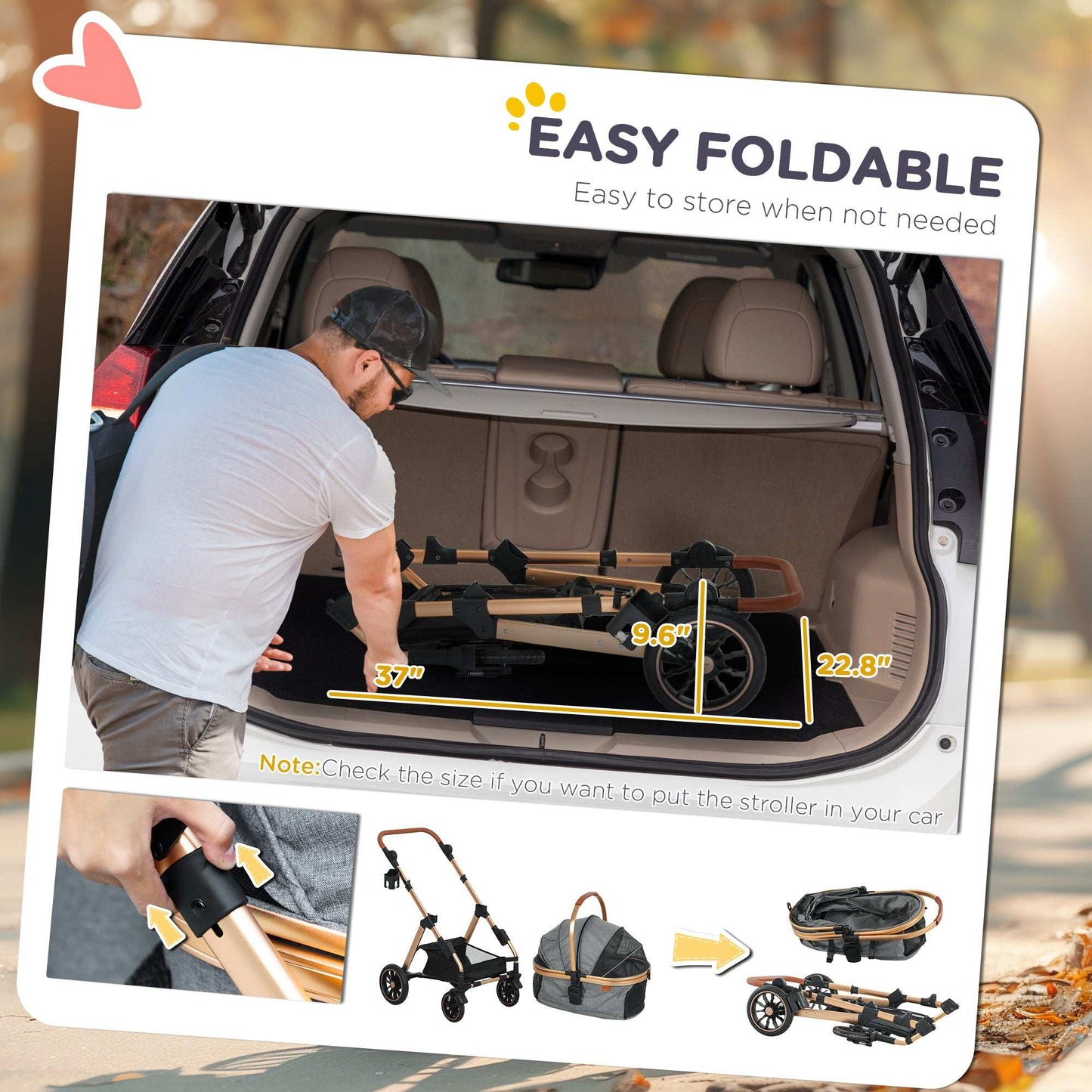 Stroller being folded and stored in a car trunk with text highlighting ease of storage.