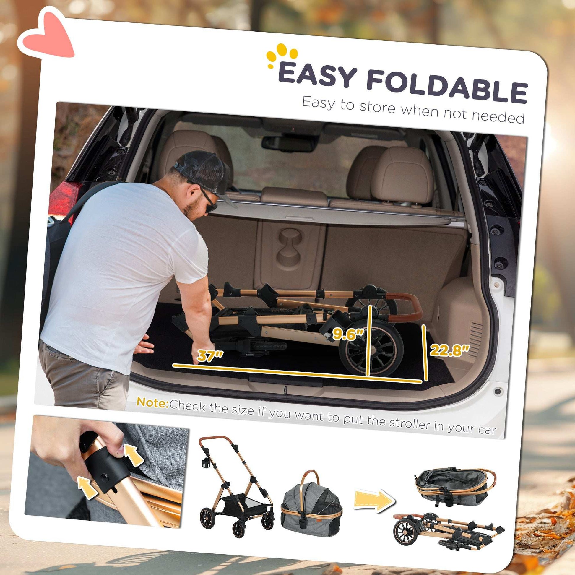 Stroller being folded and stored in a car trunk with text highlighting ease of storage.