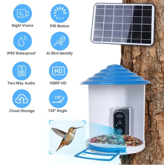 Bird feeder with solar panel and camera, featuring various features on a white background.