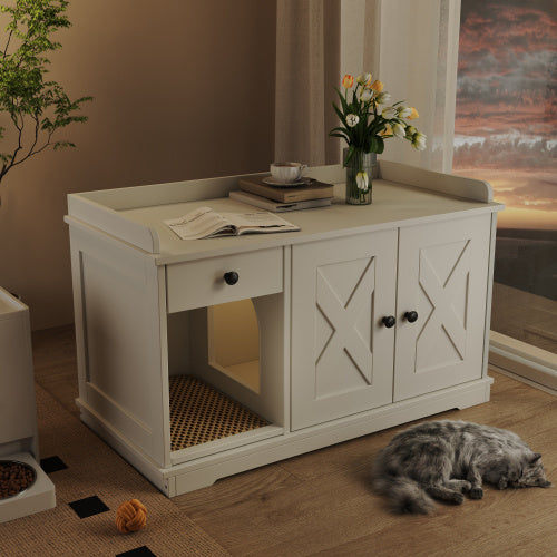 GO Cat Litter Box Enclosure, Litter Box Furniture Hidden With Cat Litter Mat, Indoor Cat House With Storage Drawer Side Table, Farmhouse Style Cat Box Cabinet For Living Room, White