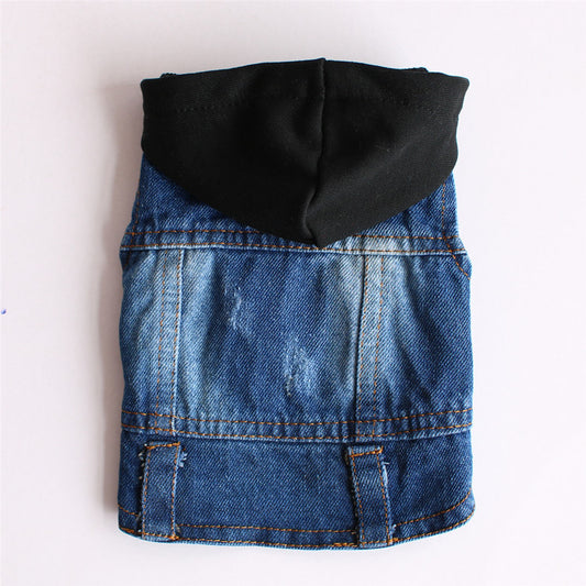 Denim dog coat with black hood on a white background