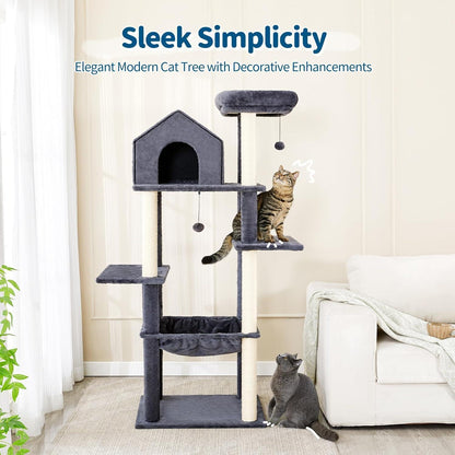 60 Inch Multi-Level Cat Tree For Indoor Cats With Plush Hammock