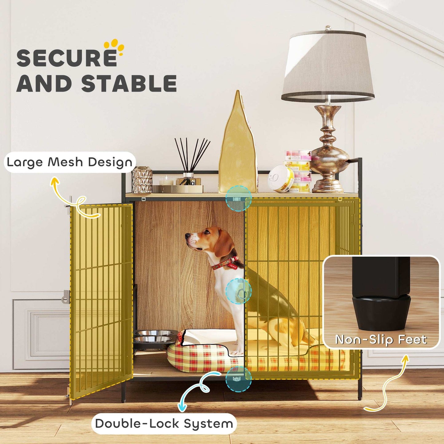 Dog Crate Furniture Side Table With Rotatable Bowls - Premium Pet Kennel End Table