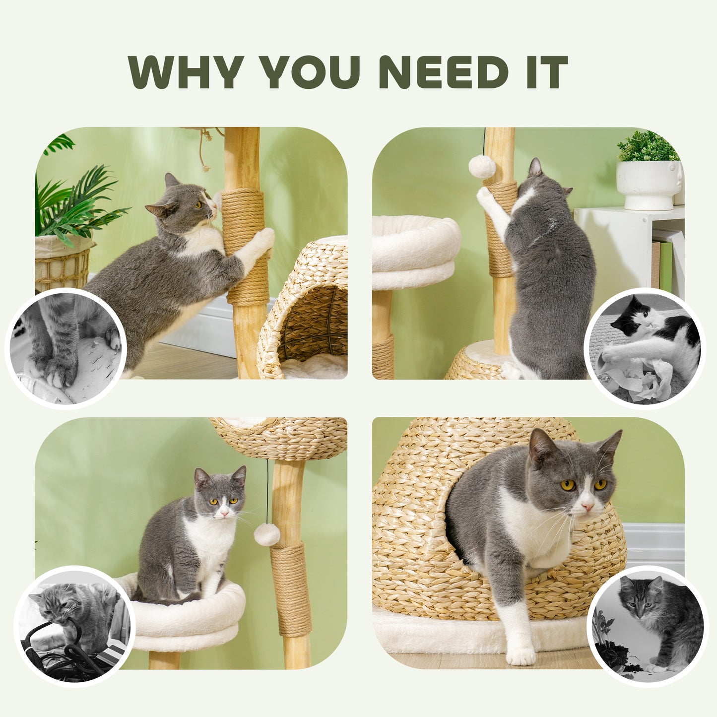 Cat Tree 41" Natural Wood - Jute Posts Condo Beds Toy Balls