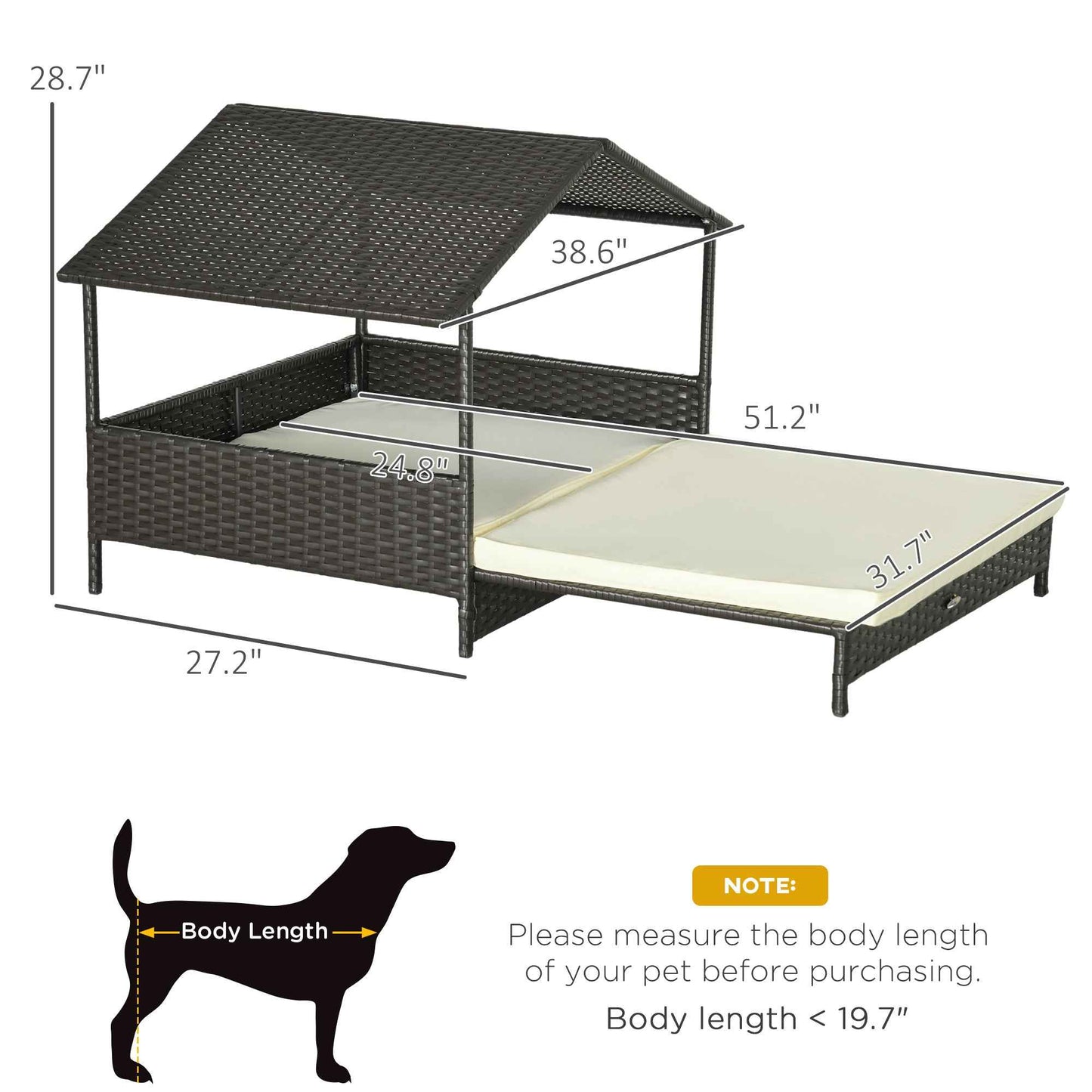 Outdoor Dog Bed Extendable Wicker Dog Bed w/ Waterproof Roof, Soft Cushion, for Small and Medium Dogs, Cream White