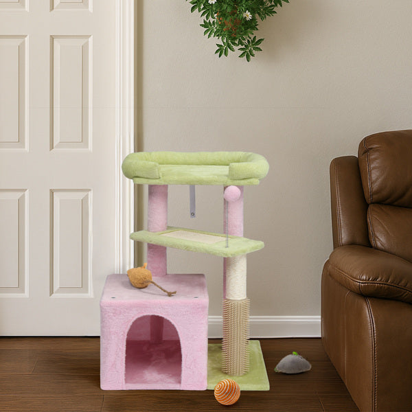 Cat Tree 27.5" - Multi-Level Tower Pink & Green for Kittens