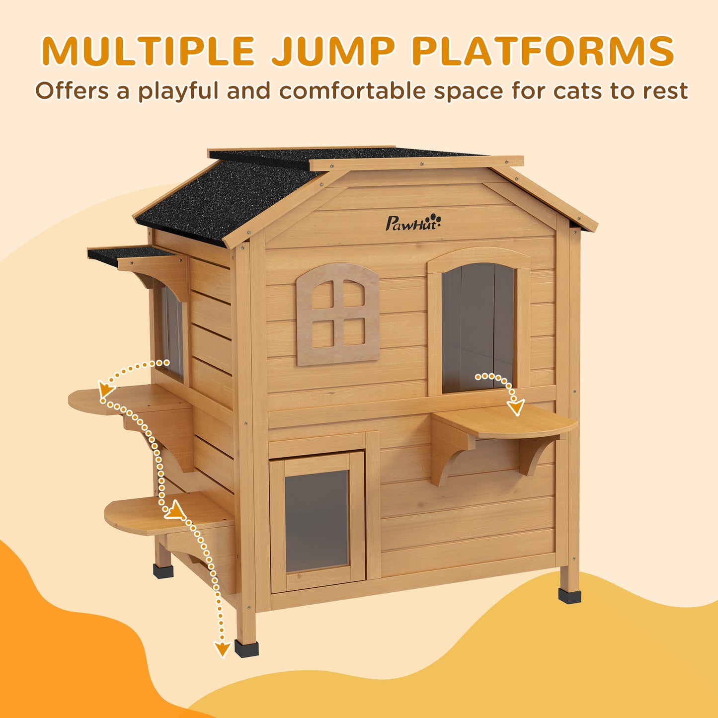 2-Story Wooden Outdoor Cat House - Feral Shelter with Escape Door