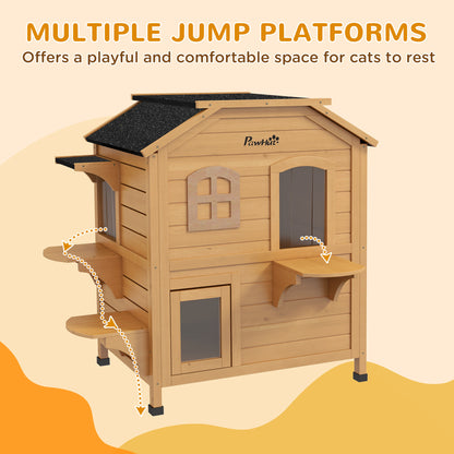 2-Story Wooden Outdoor Cat House - Feral Shelter with Escape Door