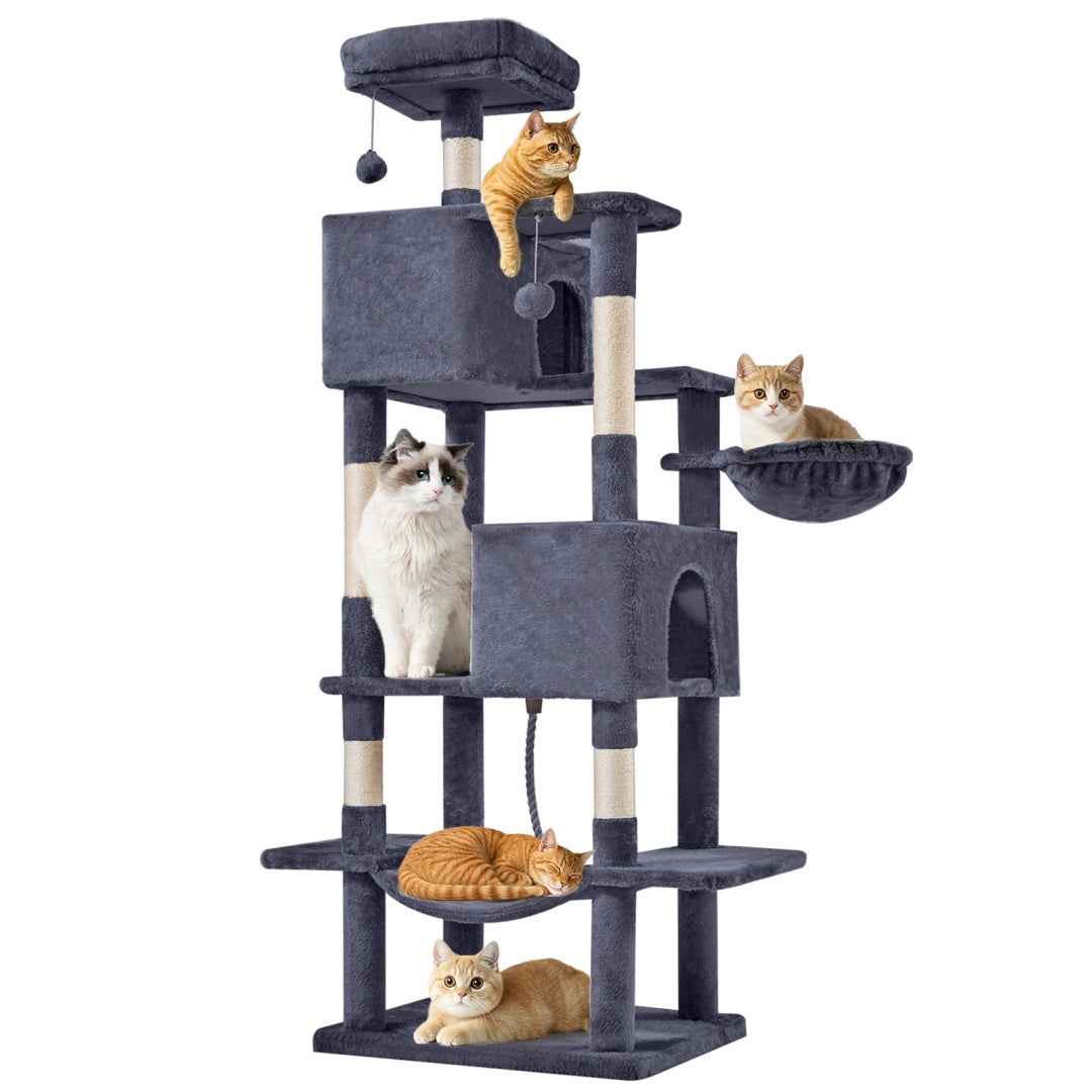 66-Inch Cat Tree Tower - Multi-Level with 2 Condos & Hammock - Purrfect Pet Haven