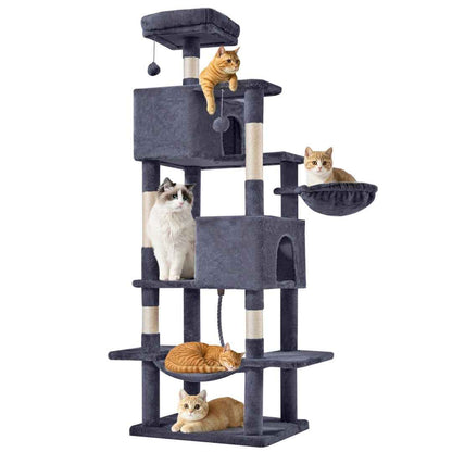66-Inch Cat Tree Tower - Multi-Level with 2 Condos & Hammock - Purrfect Pet Haven