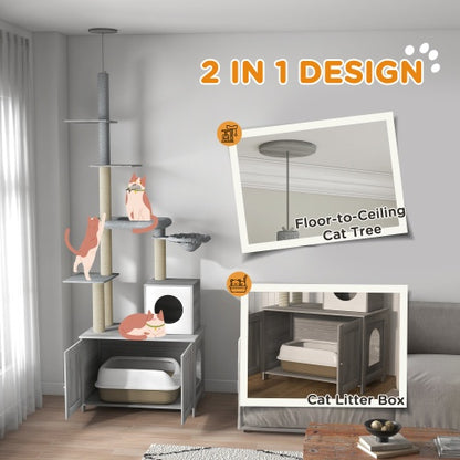 Floor to Ceiling Cat Tree - 2-in-1 Litter Box