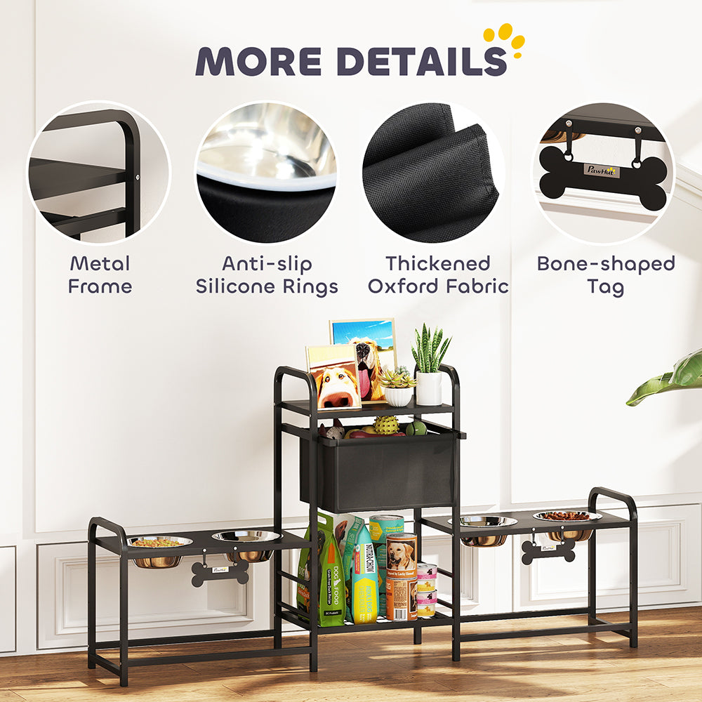 Dog Bowl Stand Dual Station - 4 Bowls 3 Heights Storage Bin