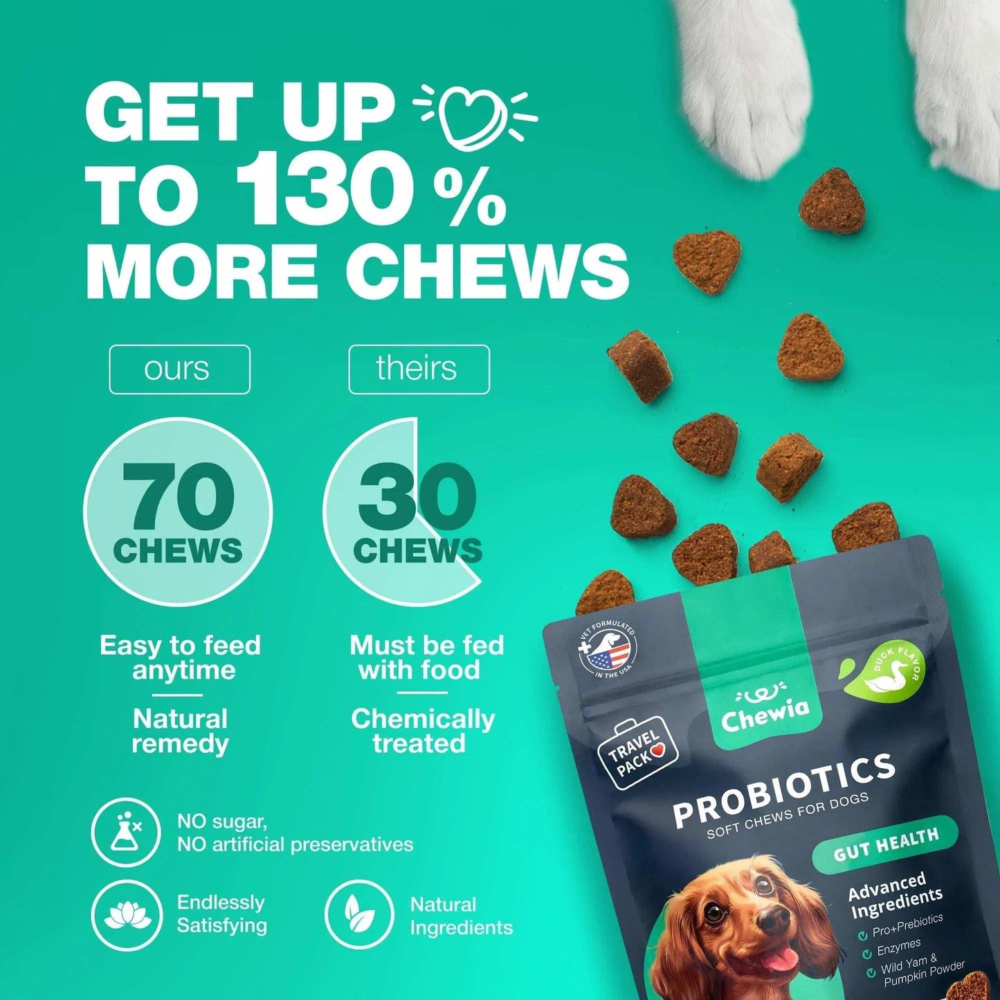 70 Probiotic Chews Support Gut Health, Yeast Balance, Itchy Skin and Allergies For Dogs