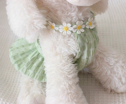 Fluffy white teddy bear wearing a green dress with flower decorations on a soft surface.