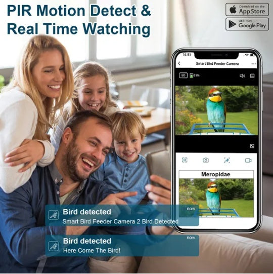 Family using a smart bird feeder camera app on a smartphone with bird detection notifications.