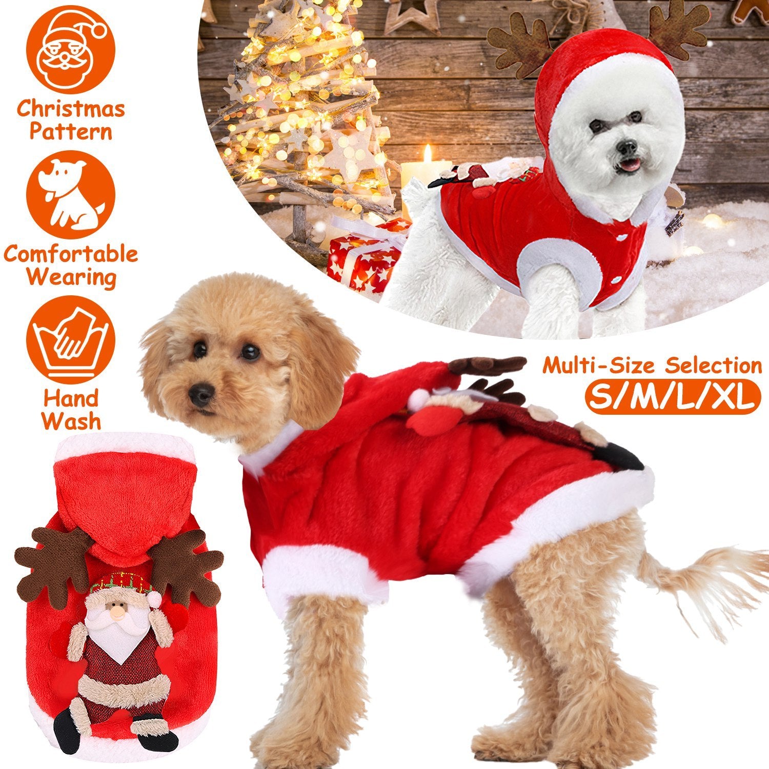 Christmas Santa Reindeer Pet Outfit - Holiday Coat with 3D Antlers