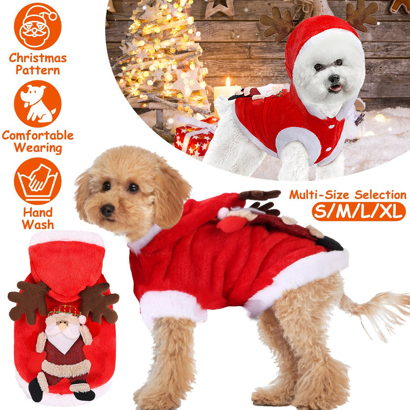 Christmas Santa Reindeer Pet Outfit - Holiday Coat with 3D Antlers