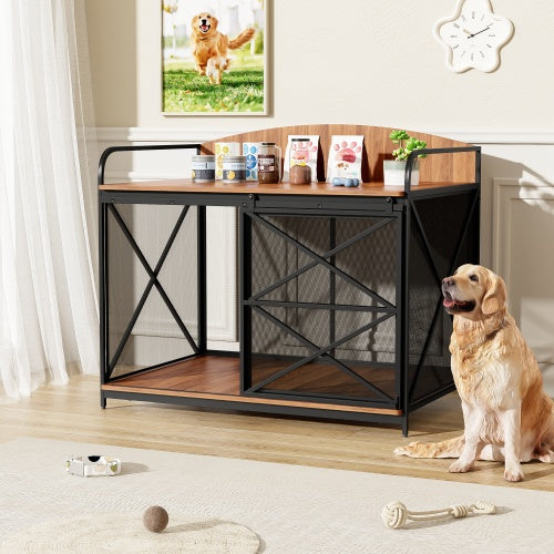Wefulfil Farmhouse Wooden Dog Crate with black metal frame and wooden shelves beside a golden retriever