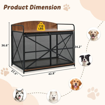 Wefulfil Farmhouse Wooden Dog Crate with metal mesh panels and wood top measuring 42.8 by 27.3 inches