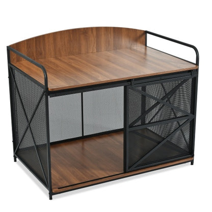Wefulfil Farmhouse Wooden Dog Crate with metal mesh sides and sliding door for pets