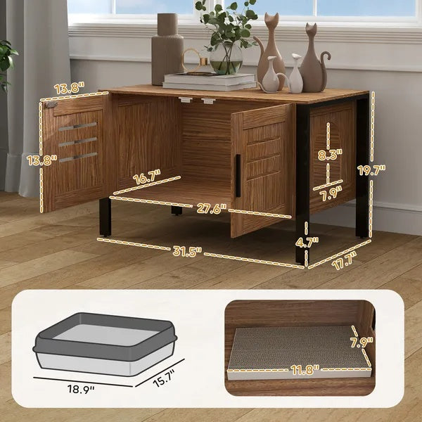 Cat Litter Box Enclosure with Tall Legs - Dark Brown Scratching Cabinet