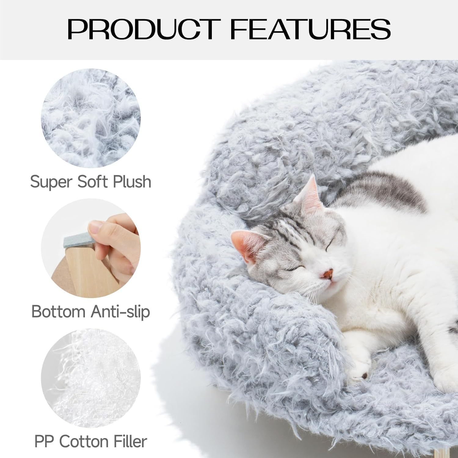 Cat lying on a fluffy gray pet bed with product features highlighted.