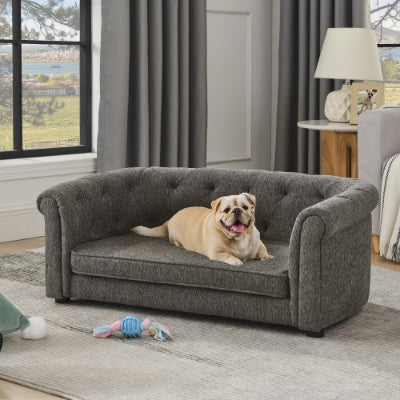 Pet Sofa With Arc-shaped Backrest And Armrests, Contemporary Rectangular Pet Sofa Crafted From Breathable Linen Cozy Soft Cushion Dog Sofa