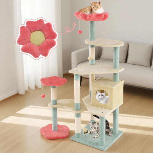 Wefulfil cat tree with Flower-Shaped Padded Perch in pink and green for multiple cats to play and rest