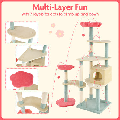 Wefulfil cat tree with multi-layer play area and flower-shaped padded perch for climbing and resting