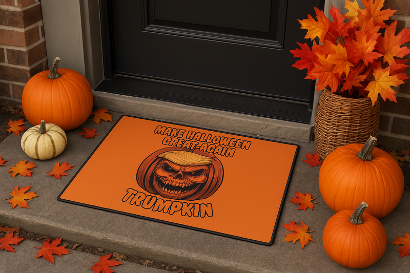Front door with Make Halloween Great Again Trump pumpkin floor mat