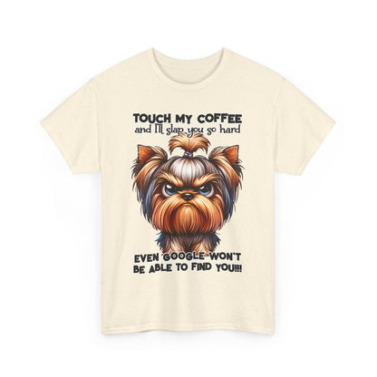 Printify Funny Dog Graphic T-Shirt with humorous coffee warning and angry dog illustration