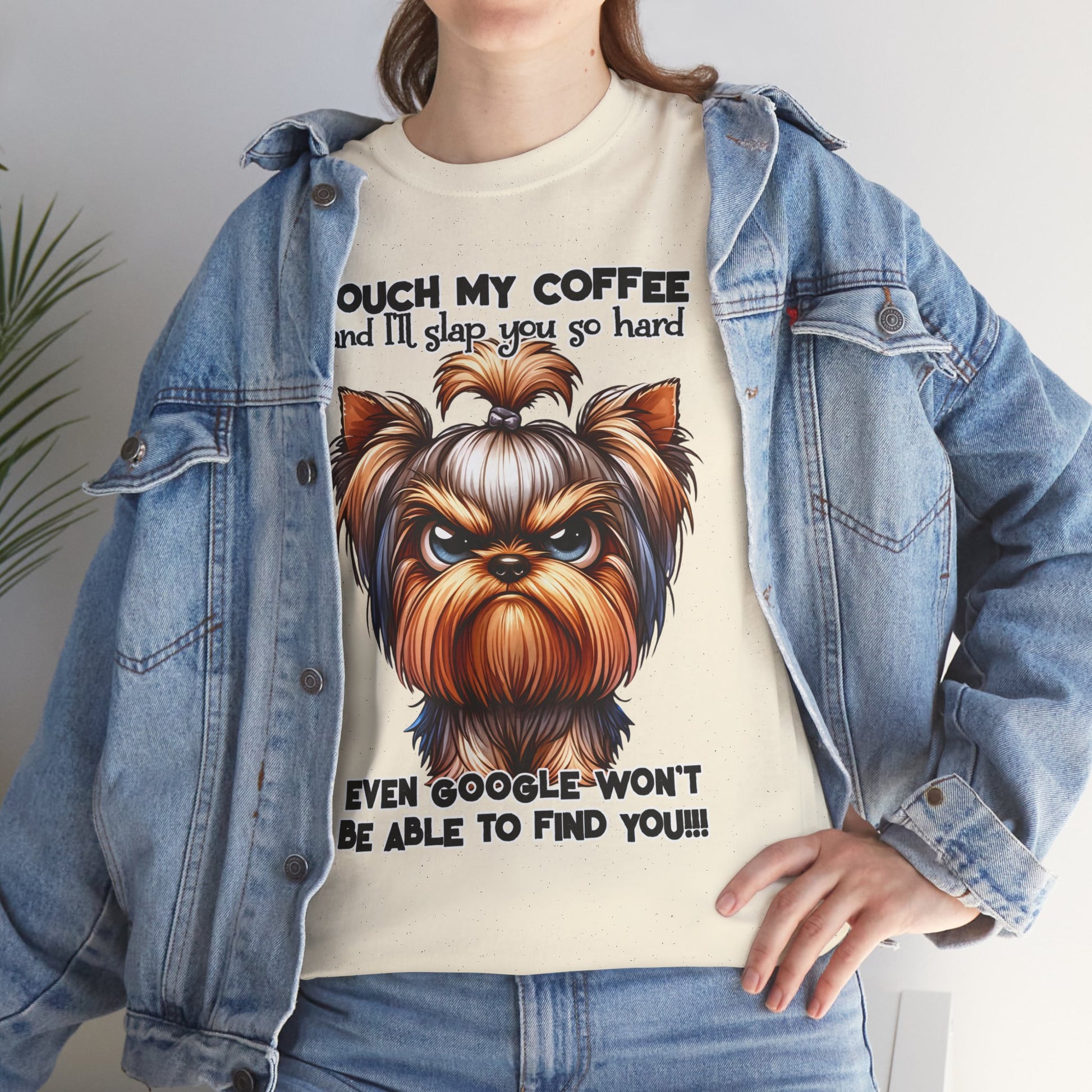 Funny Dog Graphic T-Shirt featuring an angry dog illustration and coffee quote on a cream tee
