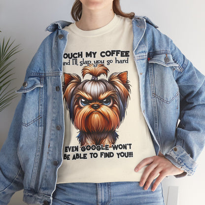 Funny Dog Graphic T-Shirt featuring an angry dog illustration and coffee quote on a cream tee