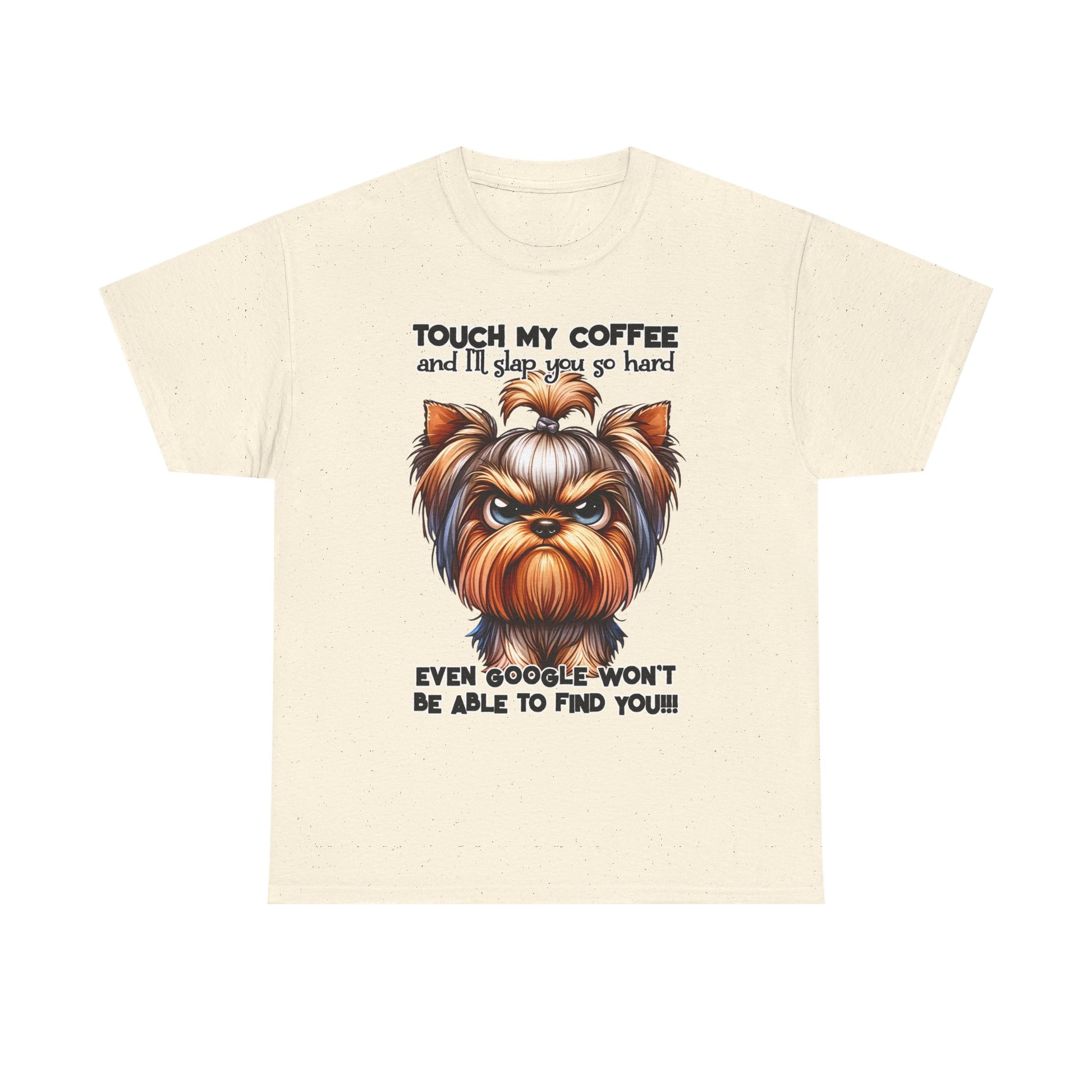 Funny Dog Graphic T-Shirt featuring an angry dog illustration and humorous coffee quote on a cream background