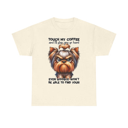 Funny Dog Graphic T-Shirt featuring an angry dog illustration and humorous coffee quote on a cream background