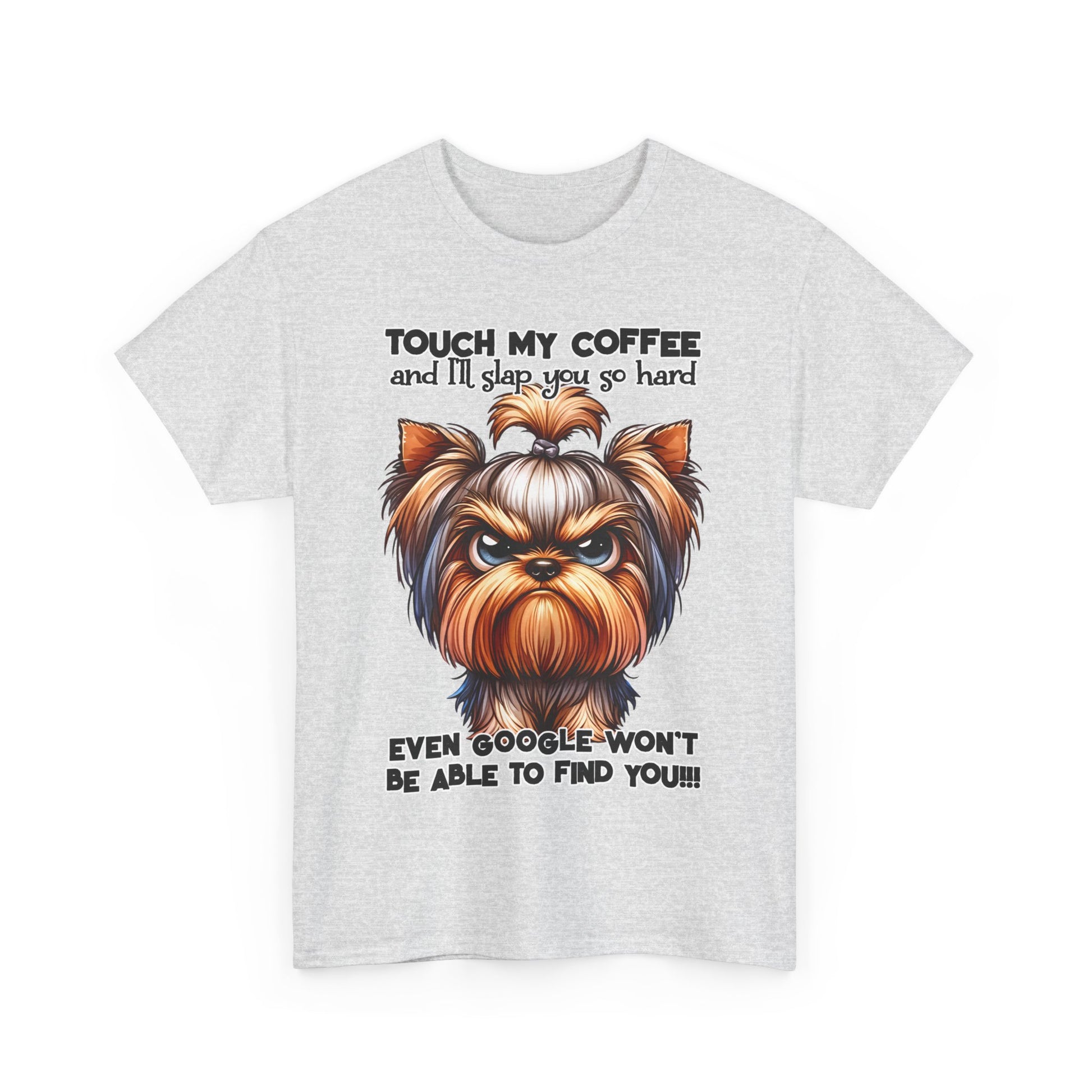 Printify Funny Dog Graphic T-Shirt with angry dog and coffee quote on light gray fabric