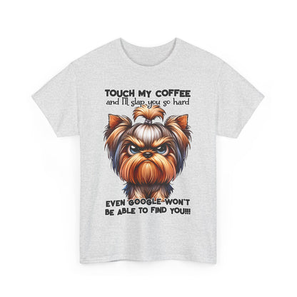 Printify Funny Dog Graphic T-Shirt with angry dog and coffee quote on light gray fabric